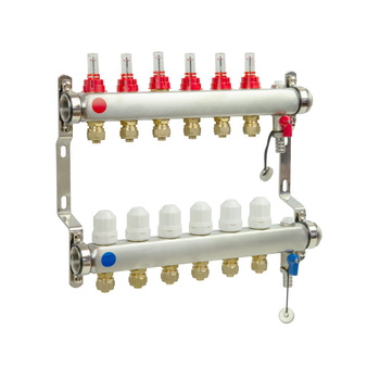 PHA-127/1/S/Z 2-obwodowy PN6 Rozdzielacz ze stali nierdzewnej do ogrzewania podłogowego z odpowietrznikiem ręcznym oraz ze złączkami 16x1/2"