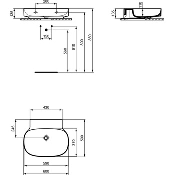 Umywalka 600x500x135 mm Spód szlifowany, bez otworu na baterię, bez przelewu - LINDA-X