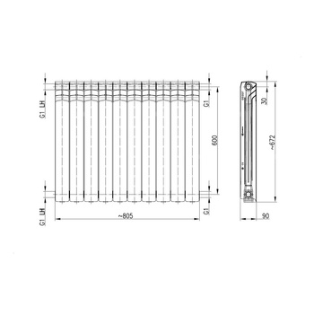 Grzejnik żeberkowy KFA Armatura G600F/10 aluminium, podłączenie boczne 672 x 805 mm, kolor czarny