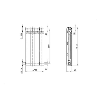 Grzejnik żeberkowy KFA Armatura G600F/4 aluminium, podłączenie boczne 672 x 322 mm, kolor biały