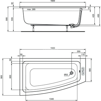 Wanna o specjalnym kształcie 1600x900x450 mm, bez otworu na baterię, z przelewem, bez korka spustowego - I.LIFE