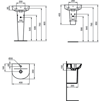 Umywalka do rąk 400x350x150 mm, 1 otwór na baterię, z przelewem - CONNECT AIR