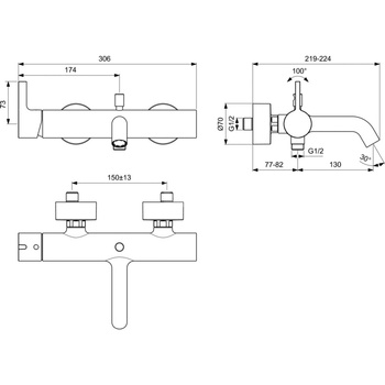 Bateria wannowo-natryskowa natynkowa 306x224x108 mm, wylewka 207 mm 20.0 l/min (3 bary) - JOY