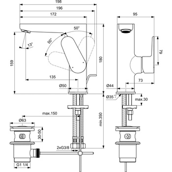 Bateria umywalkowa 98x198x180 mm, wylewka 135 mm 3.8 l/min (3 bary), z korkiem spustowym - CERAFINE MODEL O