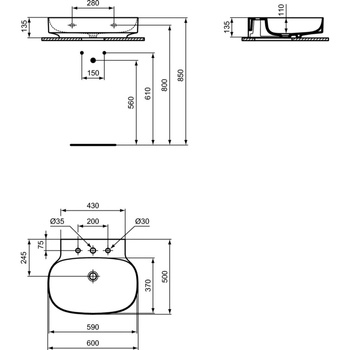 Umywalka 600x500x135 mm Spód szlifowany, 3 otwory na baterię, bez przelewu - LINDA-X