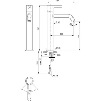 Bateria umywalkowa 48x202,5x313 mm, wylewka 170 mm 5 l/min (3 bary), bez korka spustowego - JOY
