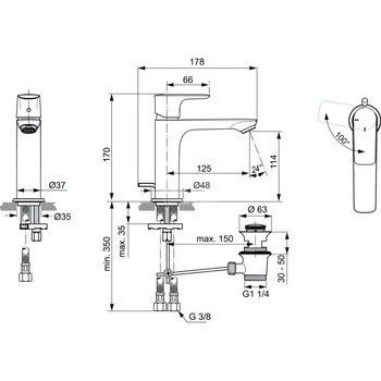 Bateria umywalkowa 48x178x170 mm, wylewka 125 mm 5 l/min (3 bary), z korkiem spustowym - CONNECT AIR