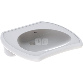 Umywalka GEBERIT Vitalis prostokątna-owalna, biała, 650mm, bez otworu na baterię, z odpływem przelewowym, półka od ściany, odpowiednia dla osób niepełnosprawnych