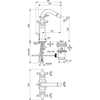 Bateria bidetowa z podwójną regulacją 194x161x206 mm, wylewka 115 mm 5 l/min (3 bary), z korkiem spustowym - JOY NEO