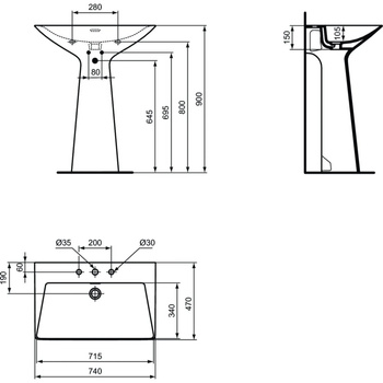 Umywalka 740x470x900 mm, 3 otwory na baterię, z przelewem - TIPO-Z