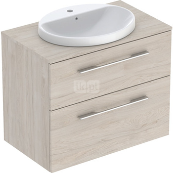 Zestaw szafki z blatem pod umywalkę Geberit Selnova Square, B79.1cm, H70.3cm, T50.2cm, z dwiema szufladami, orzech włoski hickory jasny, z umywalką wpuszczaną w blat, z przelewem, z otworem na baterię