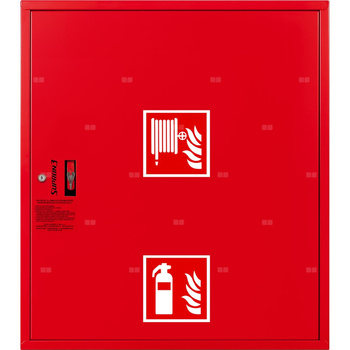 Hydrant DN 25 zawieszany z miejscem na gaśnicę pod zwijadłem, wąż 20 m, zamek patent, RAL 3000