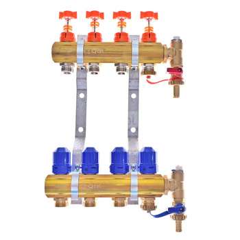 Rozdzielacz do ogrzewania podłogowego QIK Optimo BASIC III - RMSZT-2-50 4-obieg. mosiądz GW 1'' x GZ 3/4'' + przepływomierz