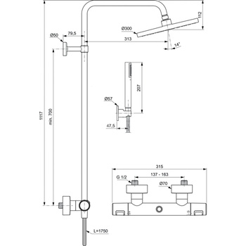 System prysznicowy natynkowy 315x542,5x1117 mm 12.0 l/min (3 bary) - CERATHERM T25