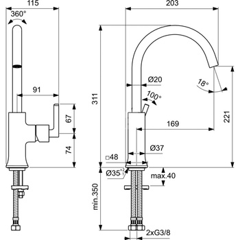 Bateria umywalkowa 115x203x311 mm, wylewka 169 mm 5 l/min (3 bary), bez korka spustowego - JOY NEO