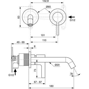 Bateria umywalkowa ścienna 193x114,5 mm, wylewka 180 mm, wymagany zestaw 1 (A1313) 5 l/min (3 bar), bez korka spustowego - JOY