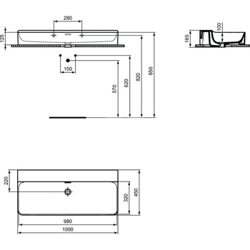 Umywalka 1000x450x165 mm Spód szlifowany, bez otworu na baterię, z przelewem - CONCA