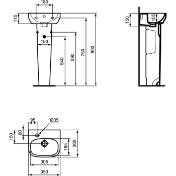 Umywalka do rąk 350x300x150 mm, 1 otwór na baterię, z przelewem - I.LIFE A