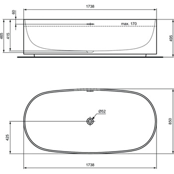 Wanna wolnostojąca 1738x850x495 mm, bez otworu na baterię, z przelewem, z korkiem - LINDA-X