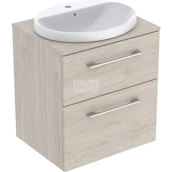 Zestaw szafki z blatem pod umywalkę Geberit Selnova Square, B59.1cm, H70.3cm, T50.2cm, z dwiema szufladami, orzech włoski hickory jasny, z umywalką wpuszczaną w blat, z przelewem, z otworem na baterię