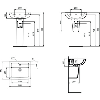 Umywalka 550x440x185 mm, 1 otwór na baterię, z przelewem - EUROVIT