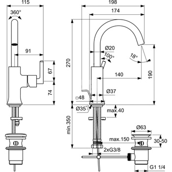 Bateria umywalkowa 115x198x270 mm, wylewka 140 mm 5 l/min (3 bary), z korkiem spustowym - JOY NEO