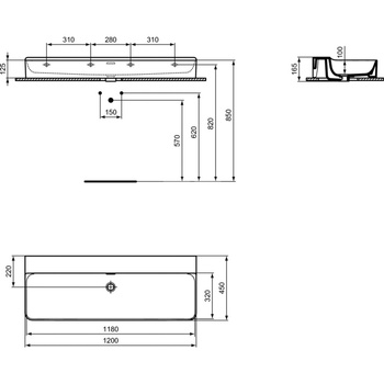 Umywalka 1200x450x165 mm Spód szlifowany, bez otworu na baterię, z przelewem - CONCA