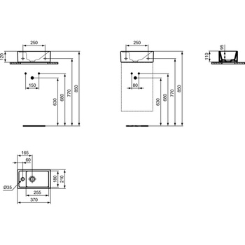 Umywalka do rąk 370x210x120 mm, 1 otwór na baterię, bez przelewu - I.LIFE S