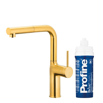 DUERO PURE MOVE PULL-OUT Bateria kuchenna z funkcją filtracji wody i wyciąganą wylewką, Brushed gold + Zestaw filtrujący PROFINE Blue S