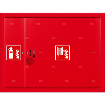 Hydrant DN 33 wnękowy z miejscem na gaśnicę obok zwijadła, wąż 30 m, ocynk fasada, zamek patent, RAL 3000