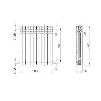 Grzejnik żeberkowy KFA Armatura G500F/6 aluminium, podłączenie boczne 572 x 483 mm, kolor biały (RAL 9010)