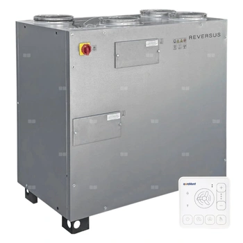 Rekuperator Reversus 1300+ z panelem Wi-Fi, z entalpicznym wymiennikiem przeciwprądowym (wydatek 1300 m³/h), z by-passem, z podstawą do montażu na podłodze, zawiera nagrzewnicę elektryczną