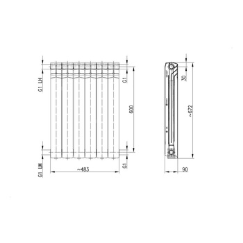 Grzejnik żeberkowy KFA Armatura G600F/6 aluminium, podłączenie boczne 672 x 483 mm, kolor czarny