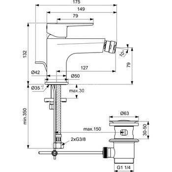 Bateria bidetowa 50x175x132 mm, wylewka 127 mm 3.8 l/min (3 bary), z korkiem spustowym - CERAFINE MODEL O