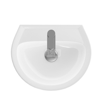 Umywalka mała Koło Rekord z asymetrycznym przelewem: 45x37cm, Otwór na baterię=Na środku, Przelew=Widoczny, Biały