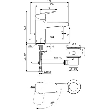 Bateria umywalkowa 47x173x146 mm, wylewka 104 mm 5 l/min (3 bary), z korkiem spustowym - CERAPLAN