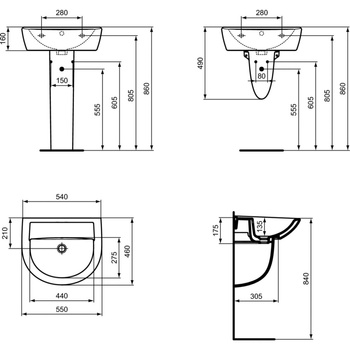 Umywalka 550x460x175 mm, bez otworu na baterię, z przelewem - EUROVIT