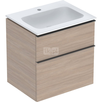 Zestaw umywalki meblowej Geberit iCon slim rim, z szafką pod umywalkę, z dwoma szufladami i zestawem odpływowo-przelewowym do umywalki: B=60cm, Umywalka: biały /KeraTect, Korpus i front: dąb / melaminowa struktura drewna, Uchwyt: lava / malowany proszkowo