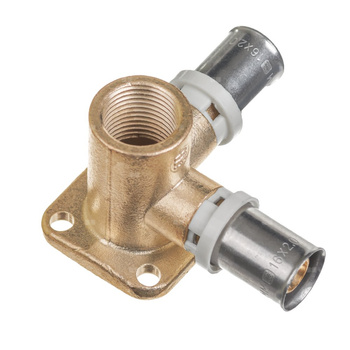 Podwójne kolano mosiężne naścienne zaprasowywane QIK 16x2,0-1/2''-16x2,XPRT