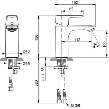 Bateria umywalkowa 48x152x156 mm, wylewka 112 mm 5 l/min (3 bary), bez korka spustowego - CONNECT AIR