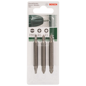 3-częściowy zestaw podwójnych końcówek wkręcających, mieszany (S, PH, PZ) S0,6x4,5-S1,0x5,5, PH1-PH2, PZ1-PZ2, 60 mm
