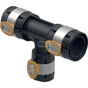 Trójnik redukcyjny Geberit FlowFit: Materiał=PPSU, d=75mm, d1=50mm, d2=75mm