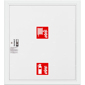 Hydrant DN 33 wnękowy z miejscem na gaśnicę pod zwijadłem, wąż 20 m, ocynk fasada, zamek patent, RAL 9003