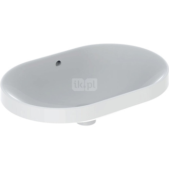 Umywalka GEBERIT Variform eliptyczna, biała, 600mm, bez otworu na baterię, wpuszczana w blat, z odpływem przelewowym, bez półki