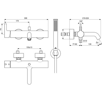 Zestaw baterii wannowo-prysznicowej 306x224 mm, wylewka 207 mm 20.0 l/min (3 bar) - JOY