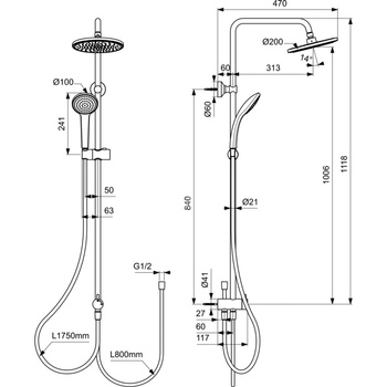 System prysznicowy natynkowy 200x473x1118 mm 12.0 l/min (3 bary) - IDEALRAIN