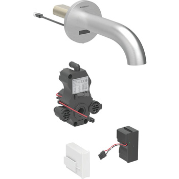 Bateria umywalkowa Geberit Piave, ścienna, zasilanie sieciowe, do podtynkowej skrzynki funkcyjnej, z mieszaczem, L22, stal nierdzewna