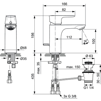 Bateria umywalkowa 48x166x156 mm, wylewka 112 mm 6 l/min (3 bary), z korkiem spustowym - CONNECT AIR