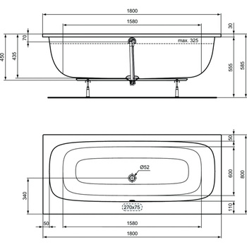 Wanna zwykła 1800x800x450 mm, bez otworu na baterię, z przelewem, bez korka spustowego - I.LIFE