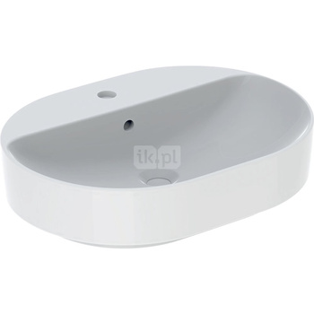 Umywalka GEBERIT Variform eliptyczna, biała / KeraTect, 600mm, otwór na baterię na środku, stawiana na blat, z odpływem przelewowym, półka od ściany